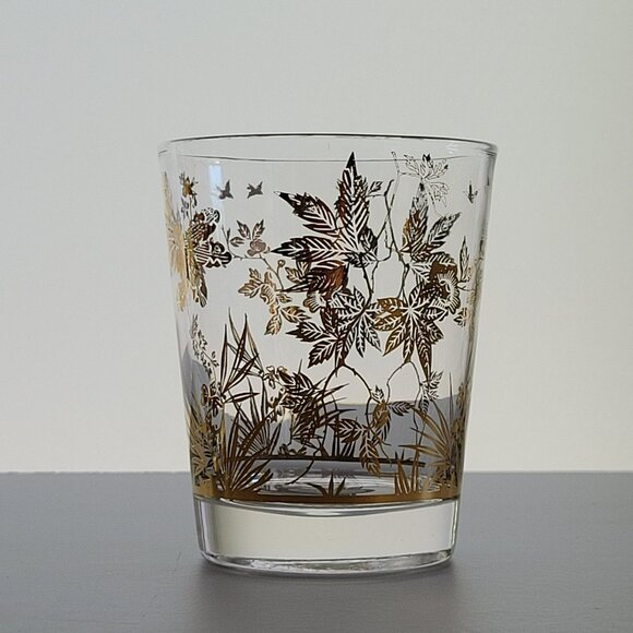 Vintage MCM Clear & 22K Gold Foil Leaves Double Old Fashioned Tumbler Set of 2 - Picture 10 of 10